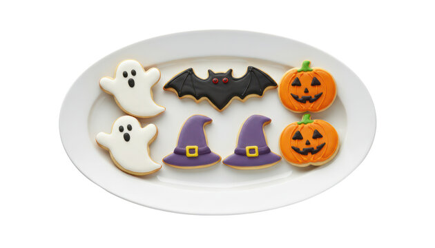 Cute Halloween cookies, ghost and pumpkin jack o lantern treats, bat and witch shoes dessert graphic isolated PNG with Transparent Background