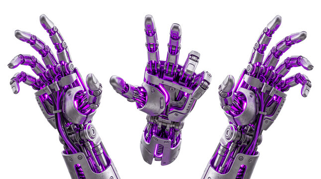 Robotic Hands Reaching Up, Futuristic AI Cybernetic Arms with Glowing Purple Lights, Isolated on Transparent Background