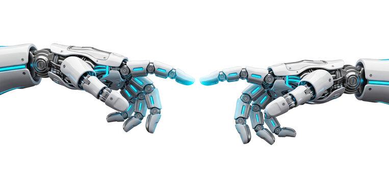 Robotic Hands Touching Fingertips, Futuristic AI Creation Concept Isolated on Transparent Background