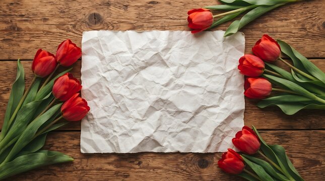 Beautiful Red Tulips on Wooden Background with Crumpled Paper Note