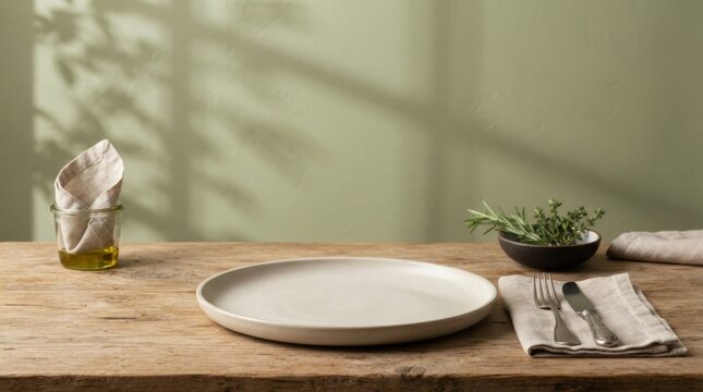 Empty ceramic plate on rustic wooden dining table with herbs