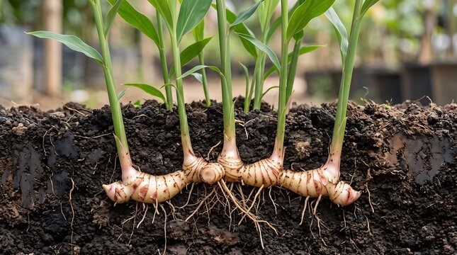 Macro shot of young ginger rhizomes growing in dark fertile soil with green stalks above