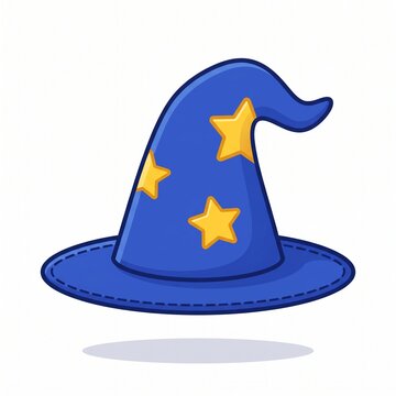 A whimsical blue wizard hat decorated with bright yellow stars, rendered in a charming cartoon vector style against a plain white background.
