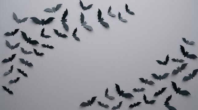 Halloween background with black paper bats on gray wall