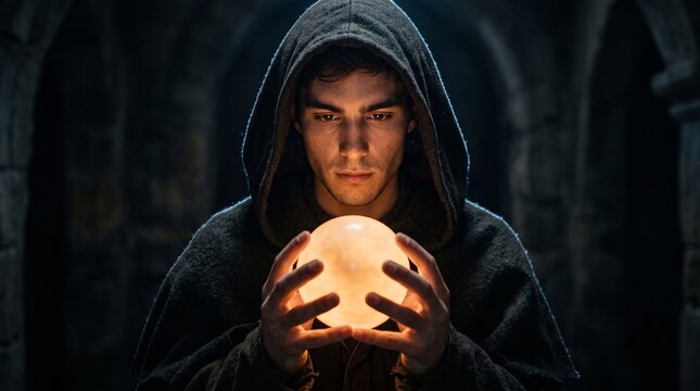 A young hooded figure gazes intently at a glowing, warm orb held gently in his hands, casting light across a dark stone corridor.
