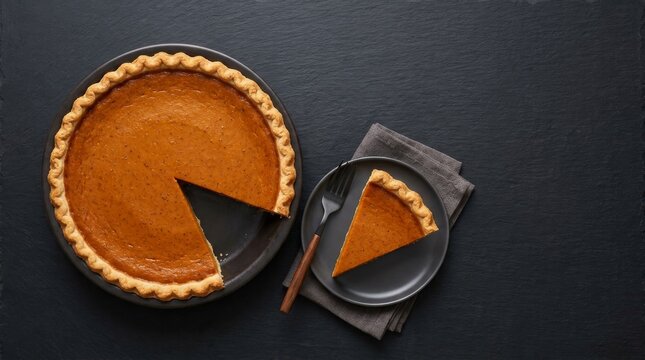 Top view of homemade pumpkin pie with slice on dark background