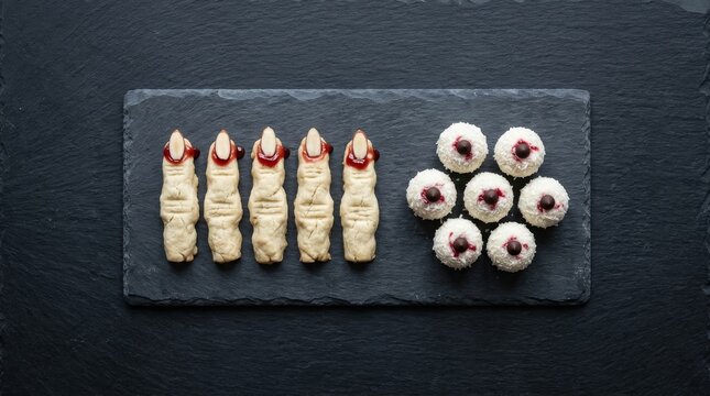 Spooky witch finger cookies and eyeball treats on dark slate