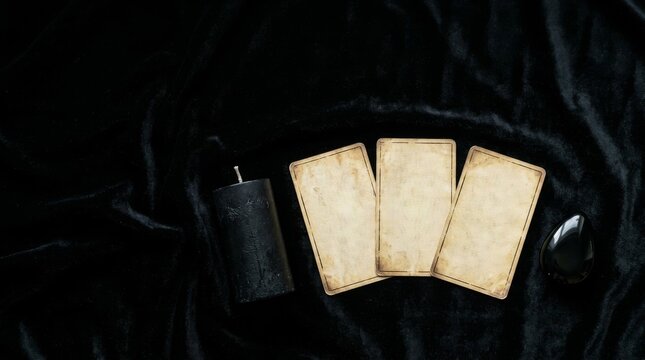Mystical tarot card spread with candle and crystal on black velvet