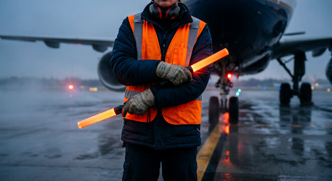 Airport ground crew member signaling with illuminated wands