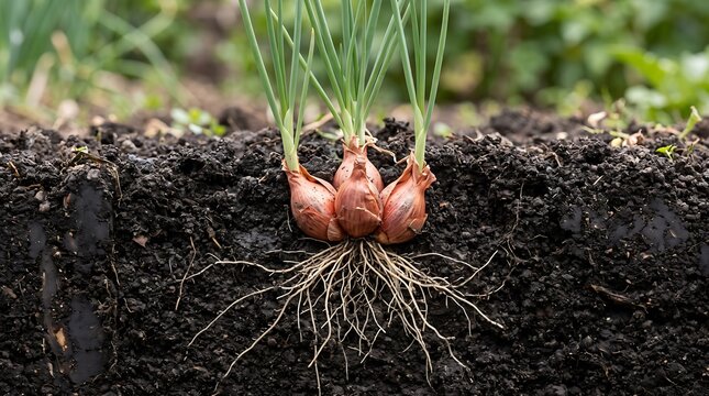 Macro side view of shallot bulbs growing in dark fertile soil with visible root system