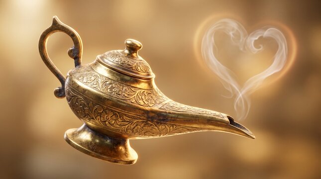 A golden ornate genie lamp floating against a glowing warm backdrop, emitting a delicate wispy trail of smoke that forms a heart shape.