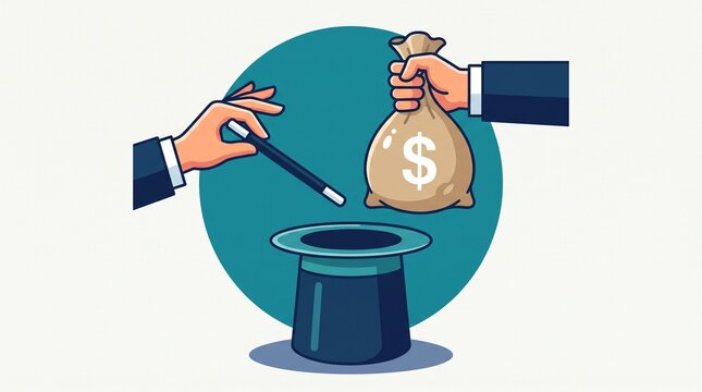 Vector illustration of hands using a magic wand to conjure a money bag out of a top hat, symbolizing financial magic and quick wealth generation.