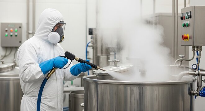 Worker in a full protective suit and face shield steam cleaning stainless steel industrial equipment