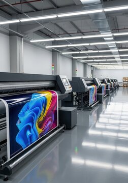 Row of Industrial Large Format Printers Producing Vibrant Colorful Abstract Graphics in a Modern Print Shop Facility