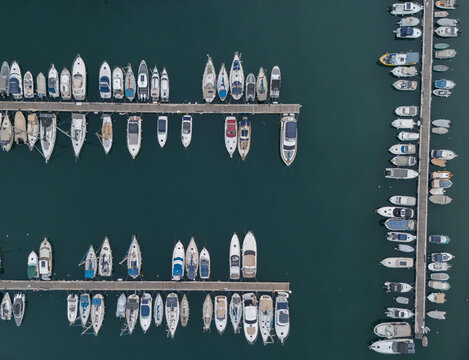 Aerial view of Msida Marina, Malta with boats moored on summer evening