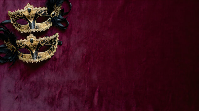 Venetian masquerade masks on purple velvet background. Elegant gold and black carnival masks. Luxury theater party invitation backdrop.