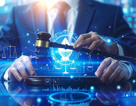 Lawyer holding gavel and tablet with digital law graphics