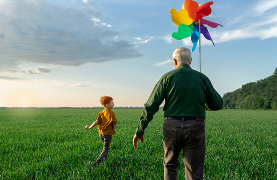 Grandfather and grandson walk in a green field with a pinwheel