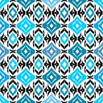 Traditional Ikat seamless pattern featuring blue and black blurry diamond geometric motifs on white background, ethnic woven textile background.