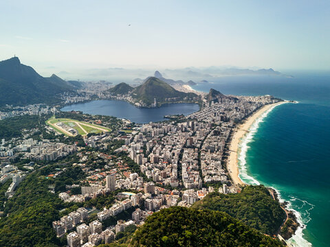 Aerial view of the Rodrigo de Freitas Lagoon surrounded by the urban landscape of Ipanema and Leblon beaches in Rio de Janeiro, Rio de Janeiro, Brazil.