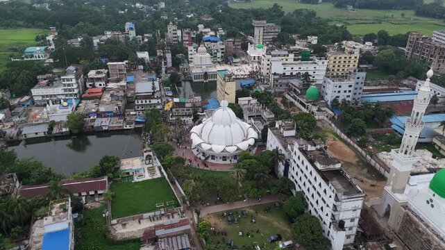 Aerial view of Maizbhandar Darbar Sharif featuring its white dome and surrounding buildings in Fatikchhari Upazila, Chittagong Division, Bangladesh.