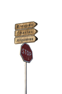 Isolated directional road signs (place names) and STOP sign on transparent background (Septfonds, France)