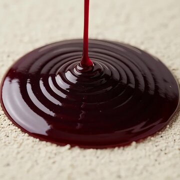 glossy dark red berry syrup pouring continuously into the center of a finely powdered light flour background