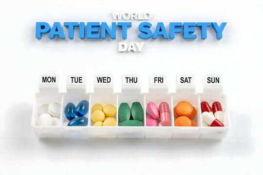 Weekly pill organizer with various colorful medication for world patient safety day