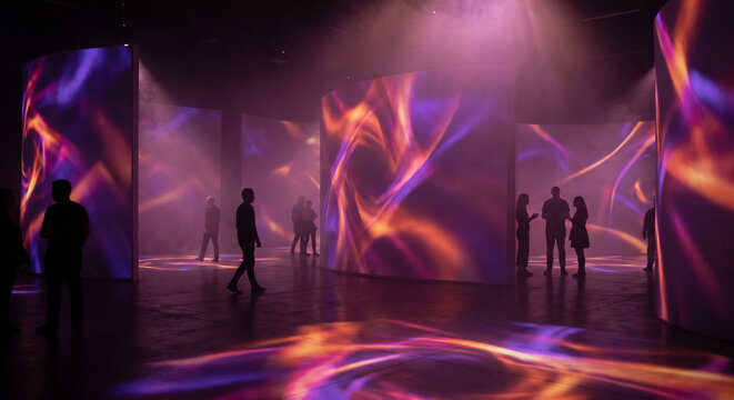 People walk through an interactive light exhibition and modern projection art installation inside a museum.