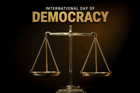 International day of democracy concept with golden scales of justice on dark