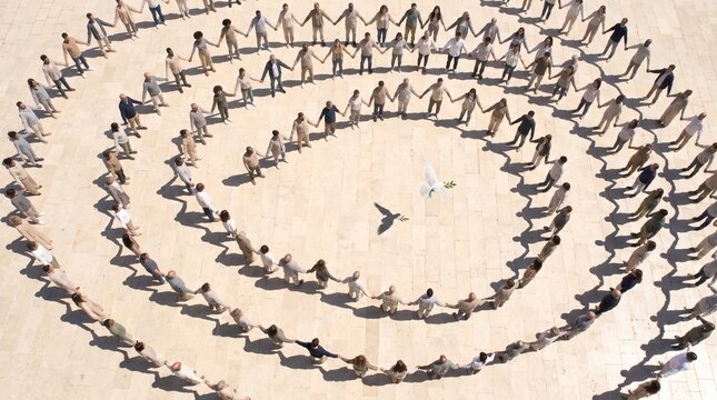 Conceptual overhead view of diverse people holding hands in a spiral formation symbolizing global peace unity and social harmony