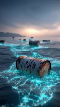 Rusty barrels float ominously on the ocean surface, surrounded by glowing blue pollution, painting a stark picture of environmental crisis. ..Created with Generative AI, not depicting real subjects.