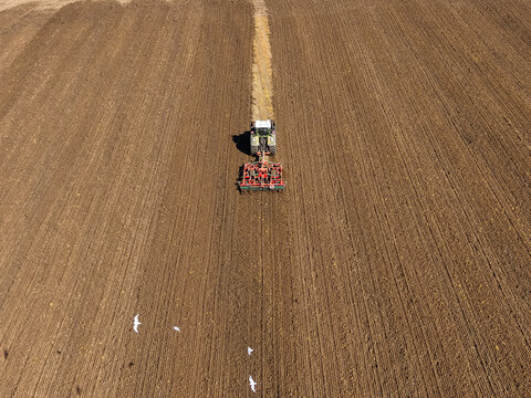 Aerial view of a tractor harrowing a large brown field in preparation for planting, with birds flying nearby in Sesto Ulteriano, Lombardy, Italy.