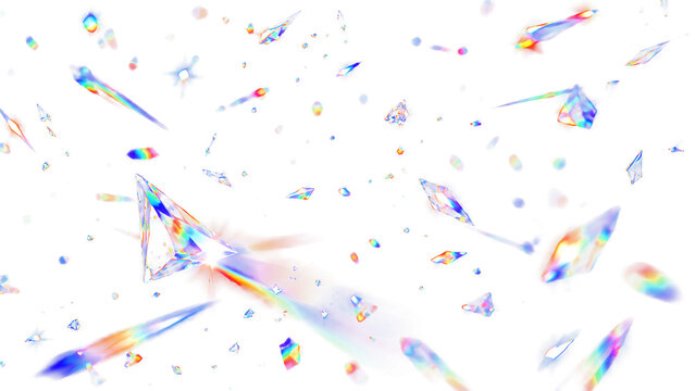 プリズムから広がる虹色の光とホログラム反射が黒背景を彩る幻想的な抽象背景、広告、ウェブ、写真編集、動画制作向けの高品質素材、透明なスペクトルとネオンカラーが重なり、現代的で洗練されたビジュアルデザインを演出する光学エフェクト.
