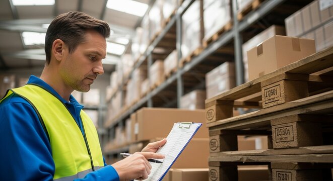 Male warehouse manager checking inventory list on a clipboard in a warehouse.