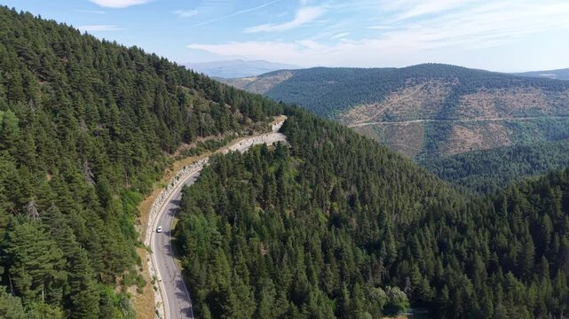 Aerial view of a curved mountain road with stone retaining wall cutting through dense pine forest in the Pyrenees, layered forested ridgelines and hazy peaks on the horizon