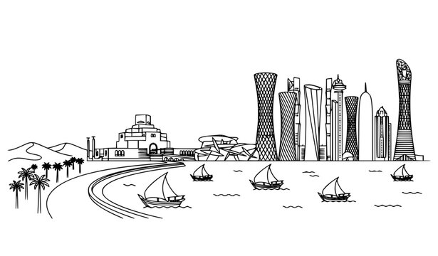 Doha Qatar Skyline Architectural Outline Vector Travel Illustration