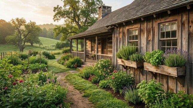 Rustic wooden cabin with home garden and vegetable patch. Sustainable living in countryside. Organic herbs and flower growing for self sufficient lifestyle in rural landscape.