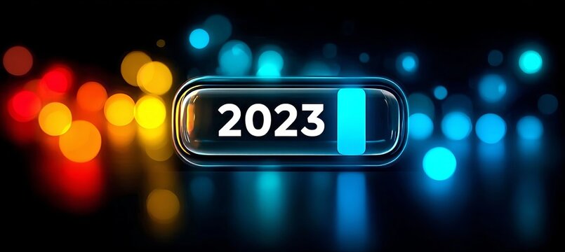 Vibrant Neon Digital Loading Bar Representing The Year 2023 Against A Soft Bokeh Lights Background