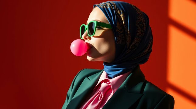High fashion woman in a blue headscarf blowing pink bubblegum in green sunglasses