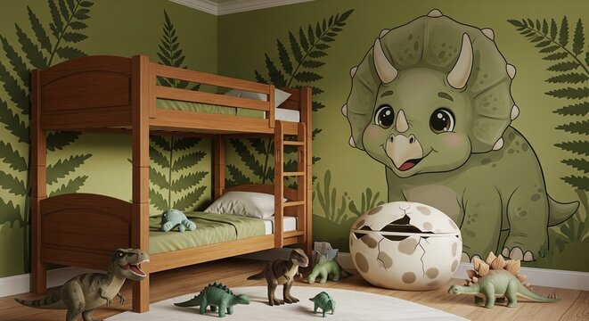 Dinosaur-themed child's room with green fern wall art, dinosaur mural, and wooden bunk bed.