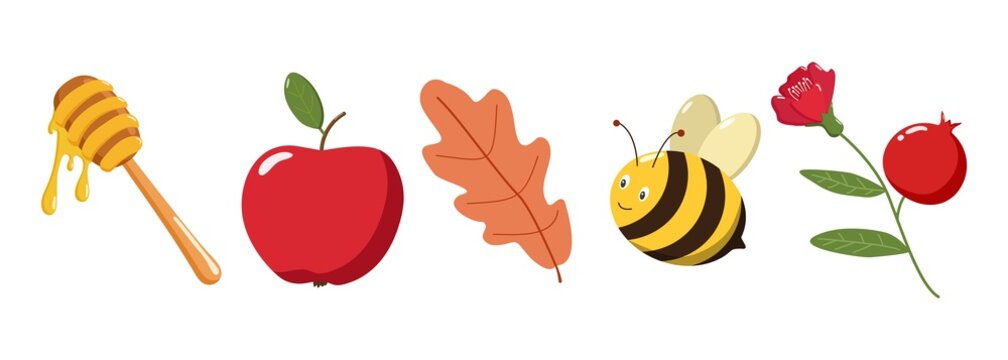 Five illustrated objects in a row honey dipper with dripping honey, red apple, orange oak leaf, cartoon bee