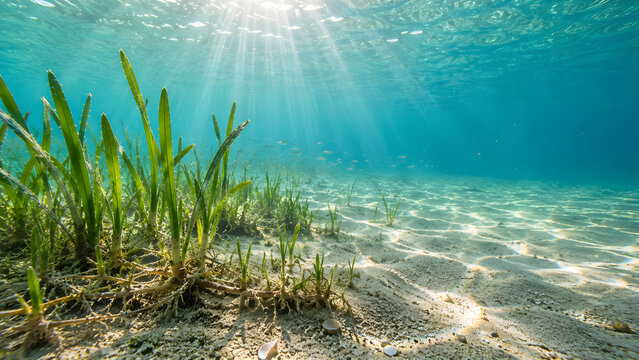 Healthy Seagrass Meadow with Visible Rhizomes in Clear Shallow Water Supporting Marine Habitat Recovery and Coastal Biodiversity