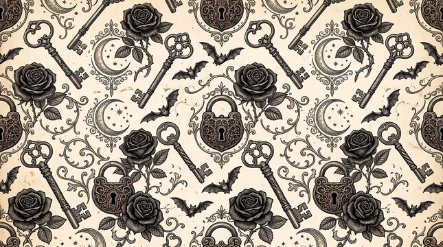 Gothic Vintage Seamless Pattern with Roses Padlocks Keys and Bats Vector