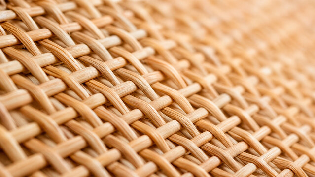 Natural rattan weave texture, organic wicker basket material close up, beige woven wood background for interior design