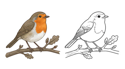 Fototapeta premium Cute robin bird sitting on branch with leaves on white background