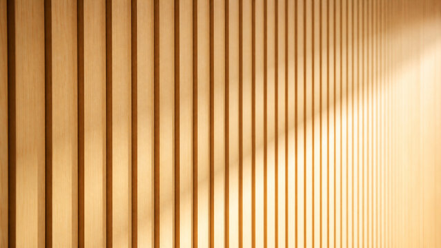 Modern wood slat wall with soft sunlight shadows, vertical timber paneling texture, architectural interior background