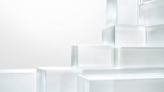 Minimalist acrylic glass podium, transparent crystal blocks for product display, clean white geometric stage for cosmetics
