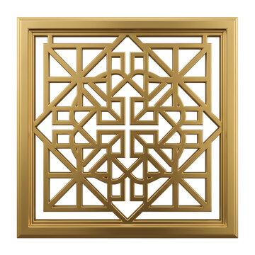 Gold decorative square panel featuring ornate geometric lattice work design for architectural interior ornamentation on transparent  background