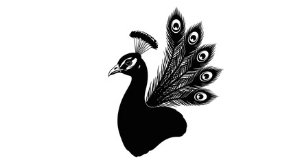 Obraz premium Elegant black peacock silhouette displaying fanned feathers in monochrome